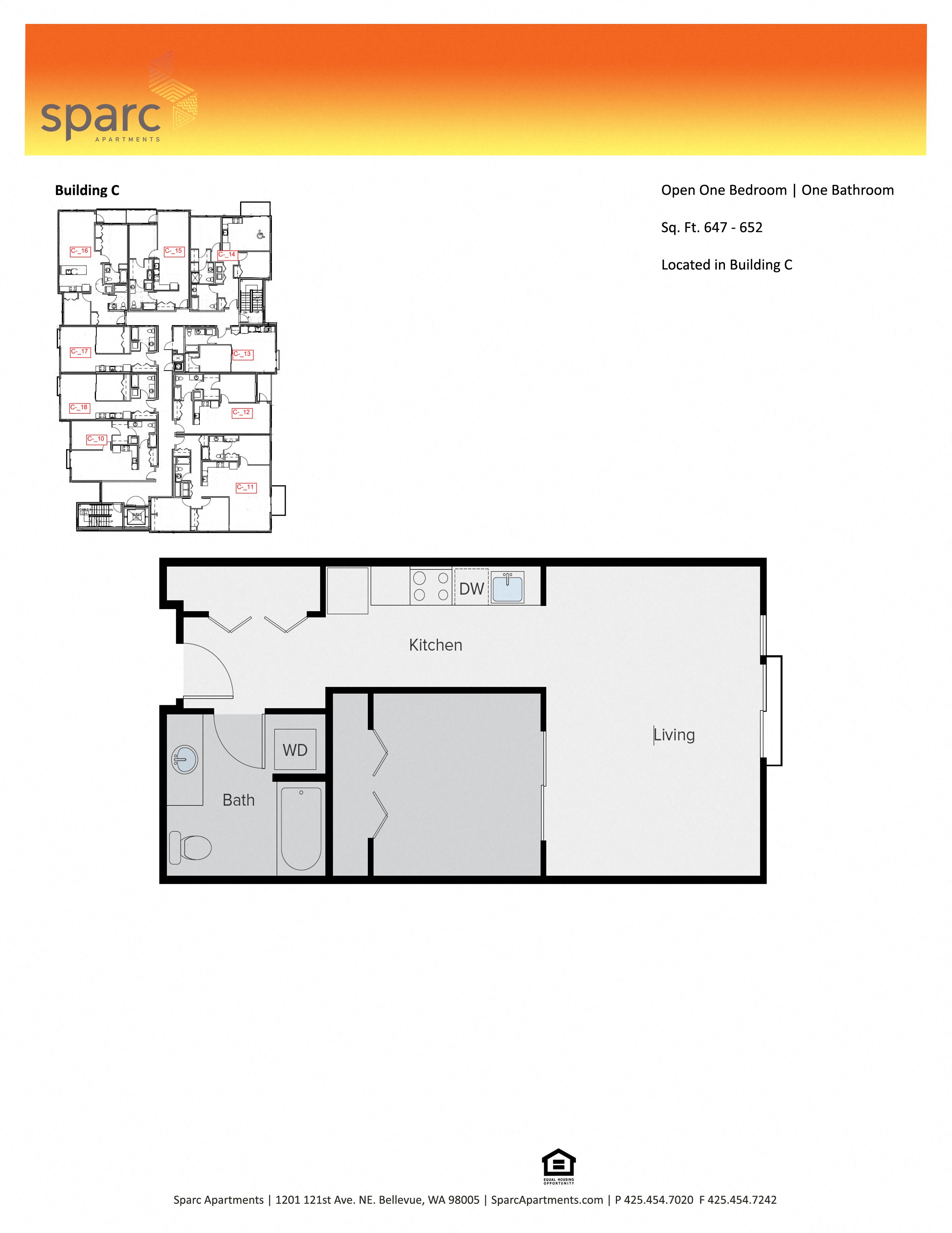 Floor plan for 1 bed, 1 bath, 616 sqft